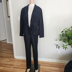 Signature by Larry Levine Navy Linen 2pc Professional Pantsuit white thread trim